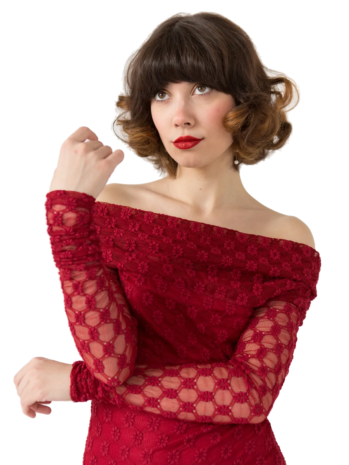 Angie Pastor in a deep red lace dress, cut out and printed on the page