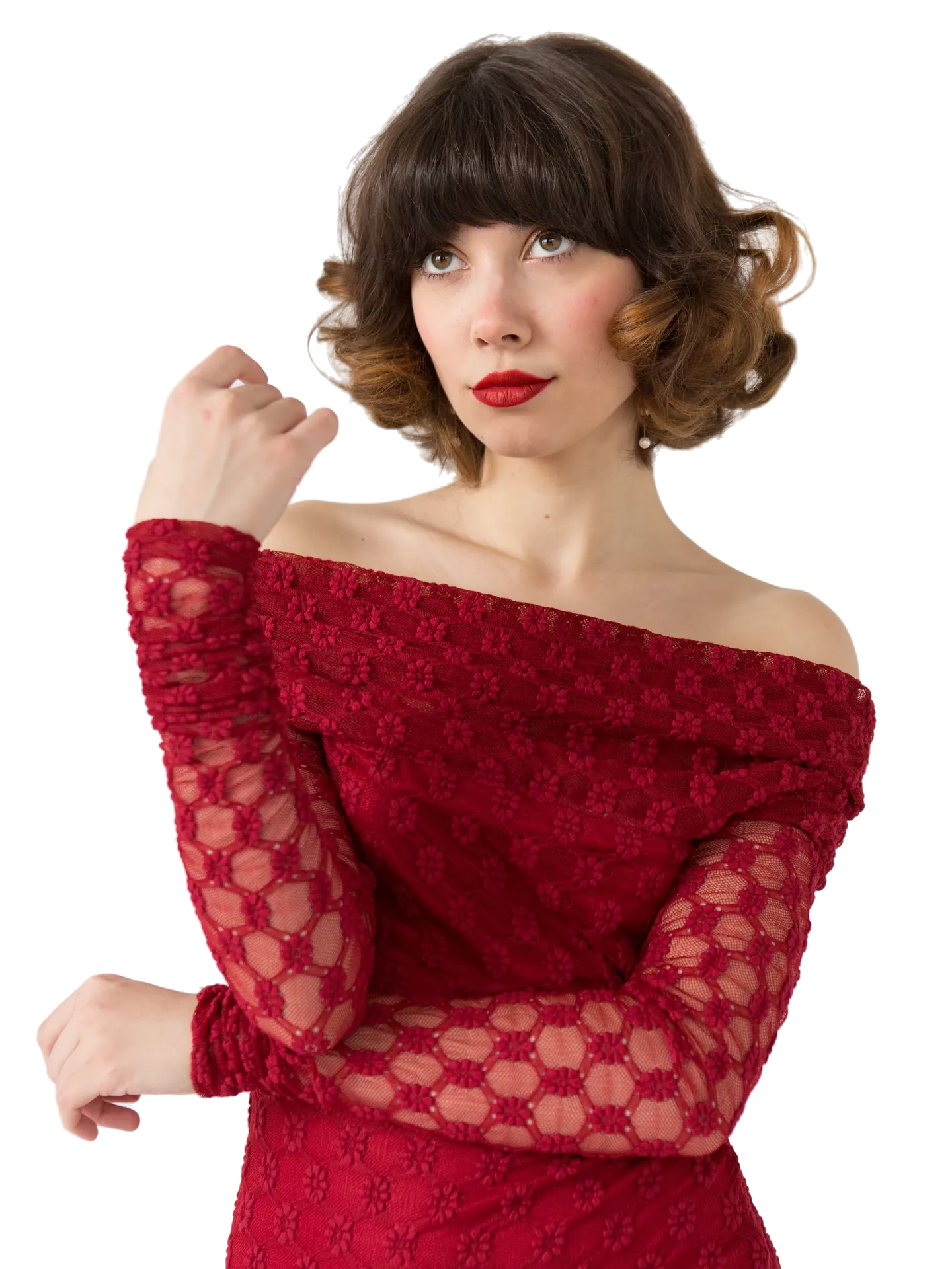 Angie Pastor in a deep red lace dress, cut out and printed on the page